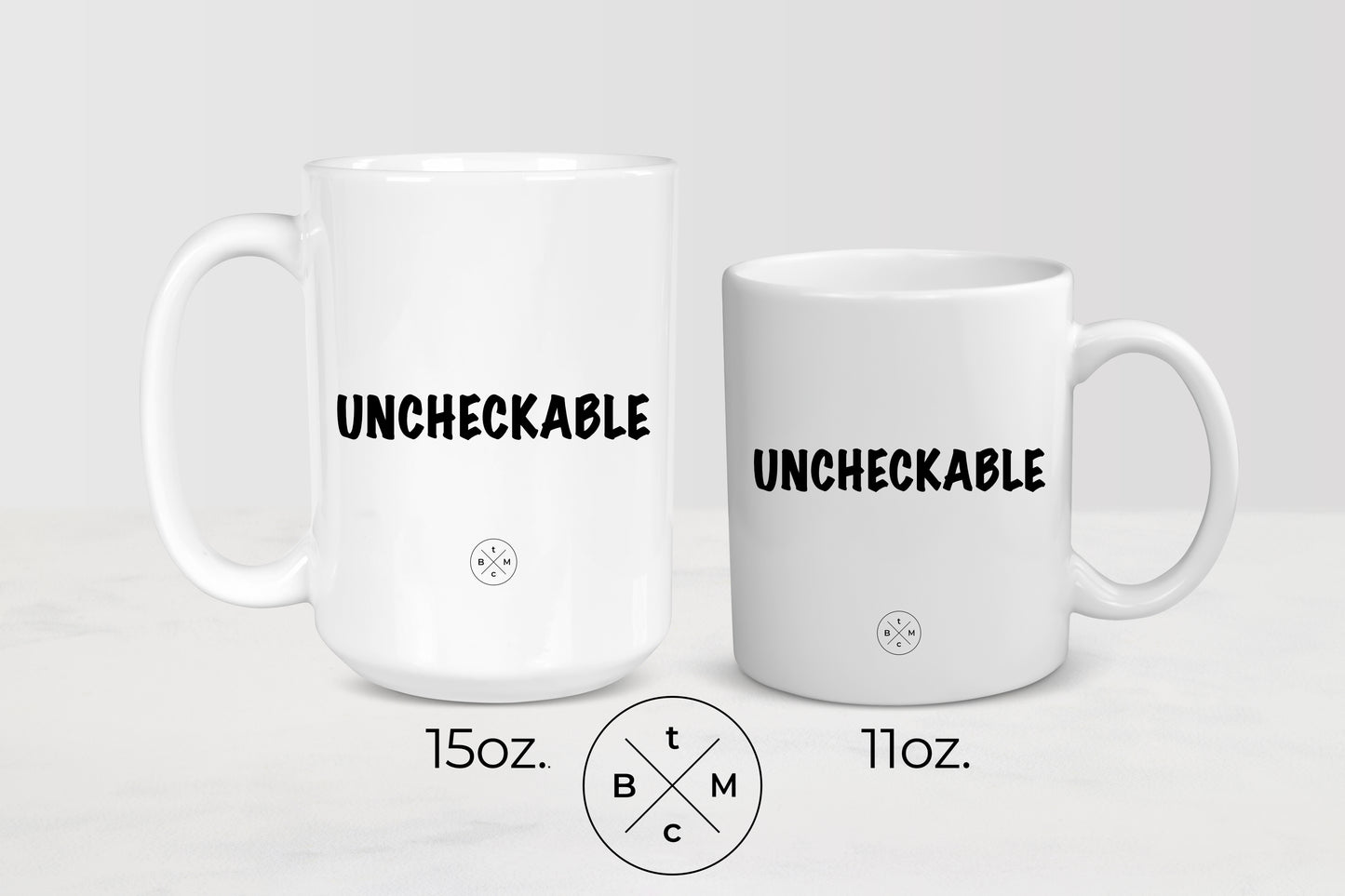 White 11 ounce and 15 ounce ceramic mugs with black text uncheckable