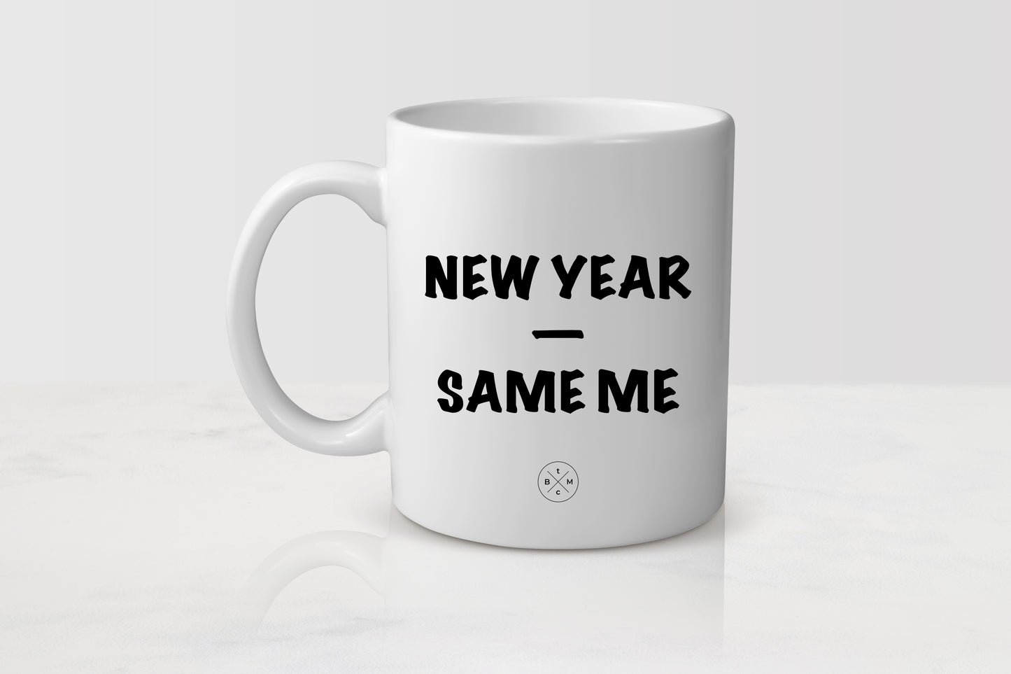 white 11 ounce ceramic mug with black text new year same me 