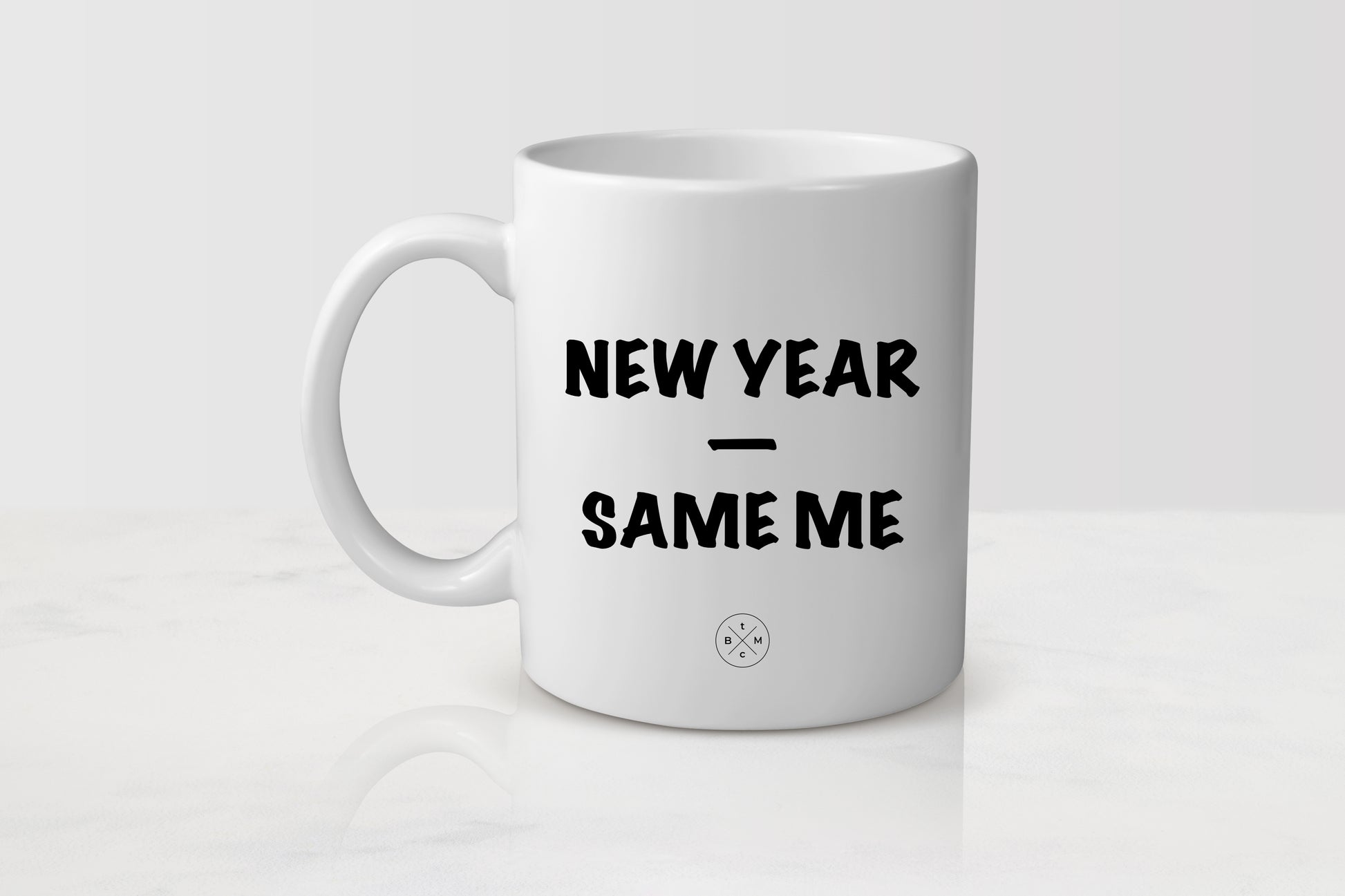 white 11 ounce ceramic mug with black text new year same me 
