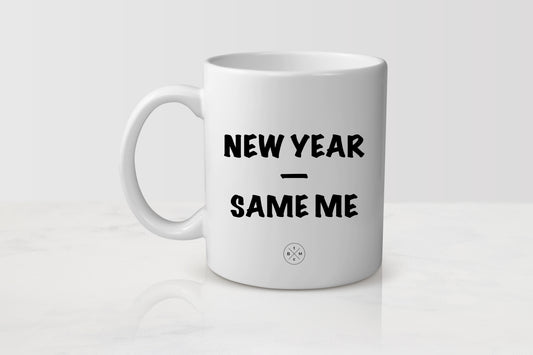 white 11 ounce ceramic mug with black text new year same me 
