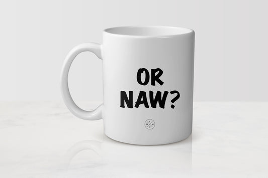 11 ounce white ceramic mug with black text or naw?