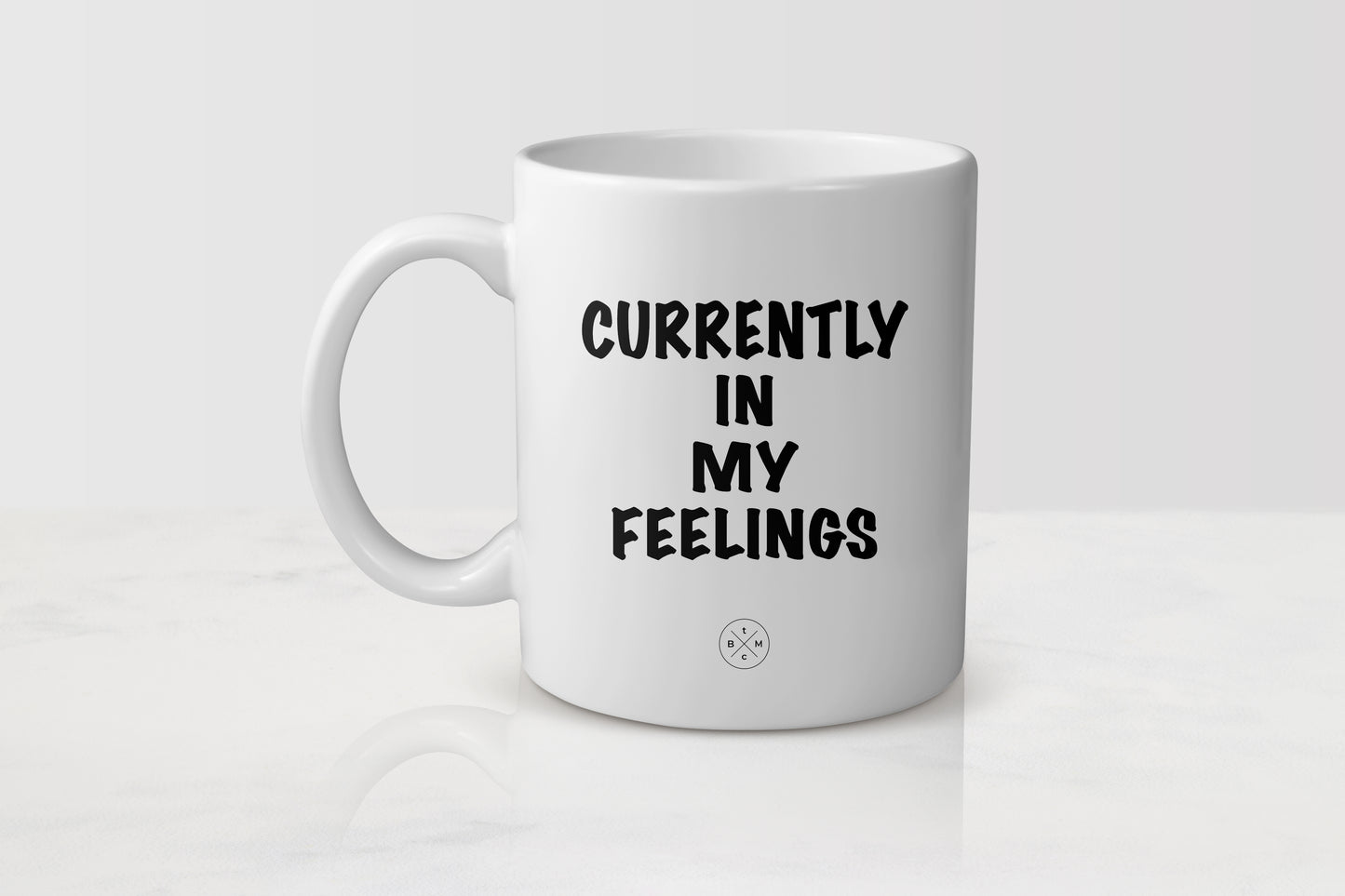 11 ounce white ceramic mug with black text currently in my feelings