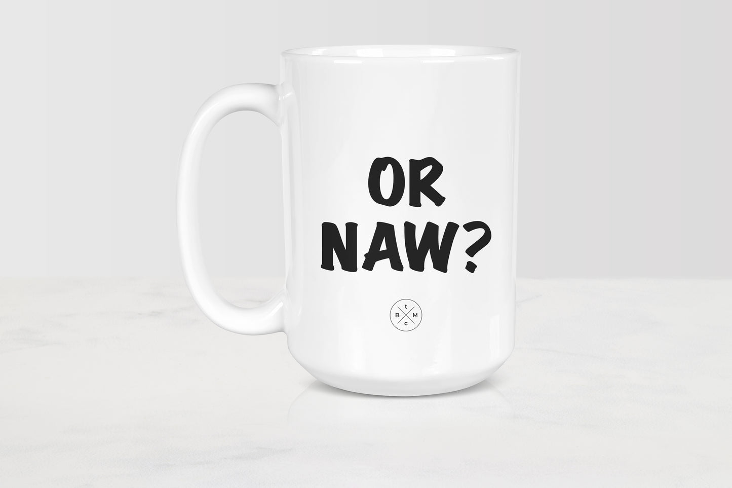 15 ounce white ceramic mug with black text or naw?