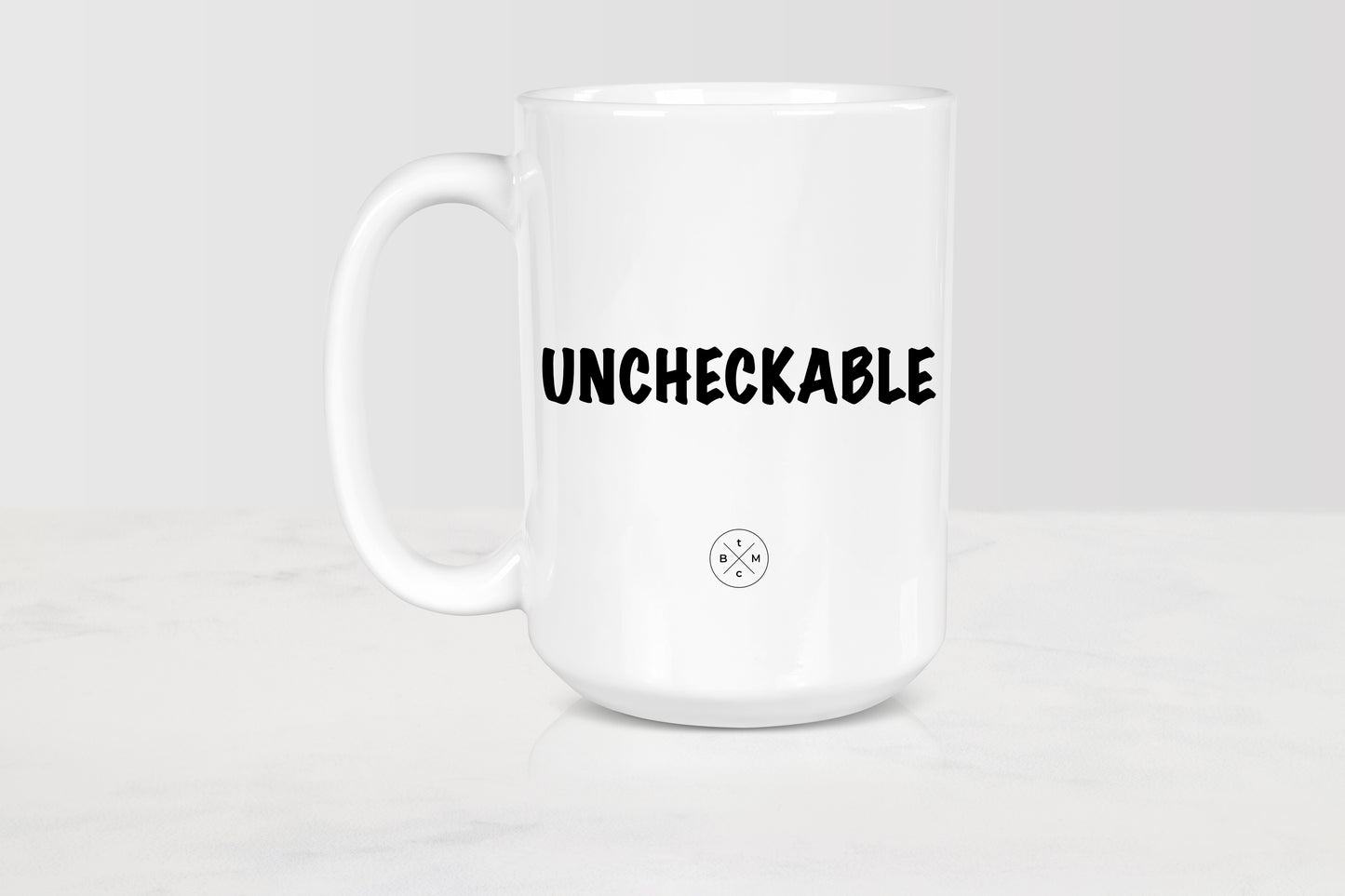 White 15 ounce ceramic mug with black text uncheckable 