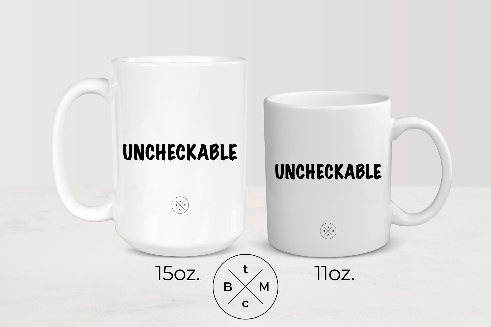 White 11 ounce and 15 ounce ceramic mugs with black text uncheckable 